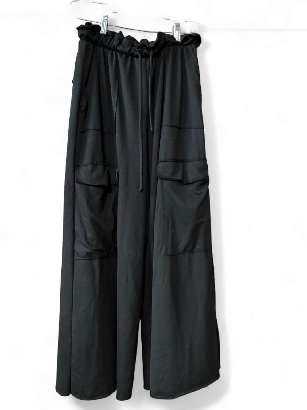 Three Birds Nest Wide Leg Cargo Pants with Drawstring Waist - Black